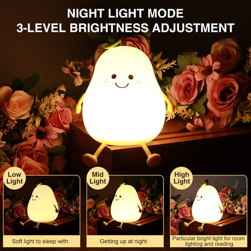 DiQiRenQin 2 30/60 LED Cute Pear Night Light, Rechargeable Silicone Fruit Night Lamp, Kawaii Bedside Lamp, Modes (Warm
