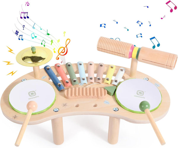Asweets 7 in 1 Kids Drum Set for Toddlers Wooden Xylophone Musical