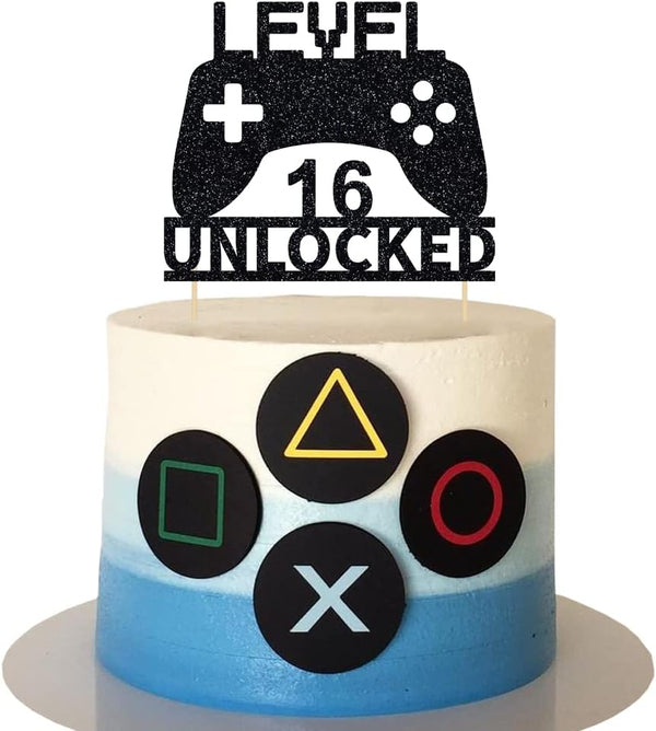 Level 16 Unlocked Cake Topper, Video Game Controller Cake Topper for 16th Birthday Party Decoration