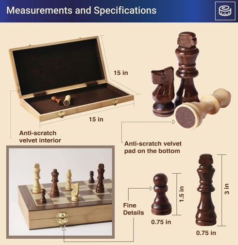 Portable Wooden Chess Set for Adults and Kids, 15" Board with Pieces & Drawstring Bag
