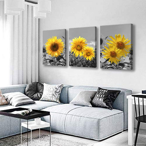USIXA 3 1216 Inches Sunflower Wall Art for Living Room Black White Flowers Wall Decor Yellow Floral Canvas Prints