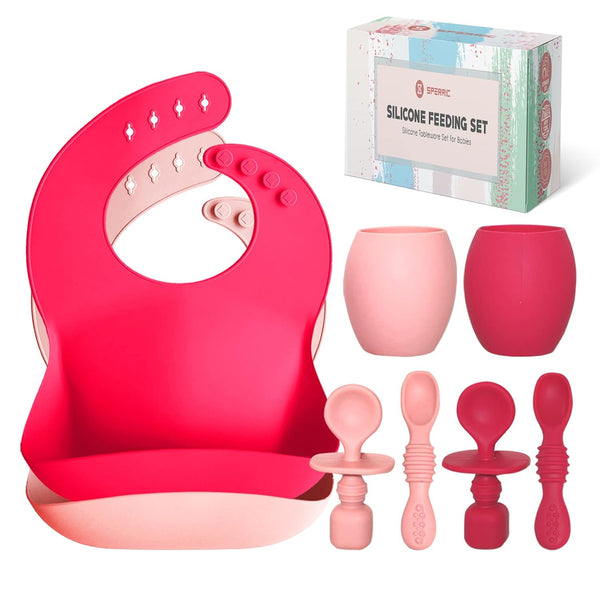 Baby Silicone Feeding Set - Set of 8 Baby Led Weaning Utensils, Smooth Waterproof Silicone Bibs, Cups for Toddlers