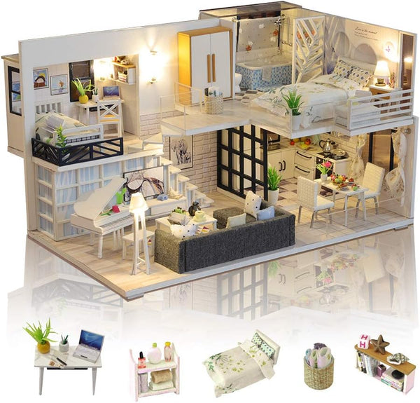 GuDoQi DIY Miniature Dollhouse Kit, Tiny House with Furniture and Music, 1:24 Scale Gift