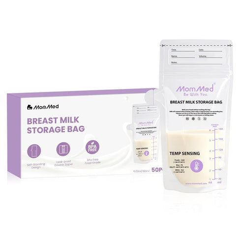 MomMed Breast Milk Storage Bags with Color-Changing Temperature Indicator - 6oz Self-Standing
