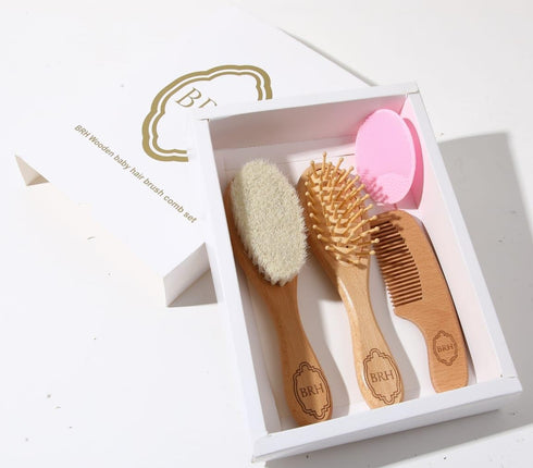 BRH 4 Piece Wooden Baby Hair Brush and Comb Set, Wooden Baby Care