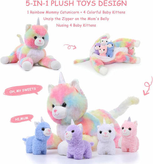 24'' Mommy 4 5Pcs MorisMos Cat Unicorn Stuffed Animal with Baby Kittens, Cat and Baby Kitty Stuffed Animals, Large