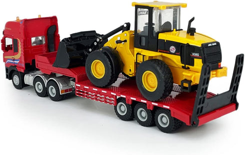 Flatbed Truck Toy with Excavator Loader, Metal Diecast Construction Vehicles 2 in 1 Playset for Boys Kids Gift (Red)