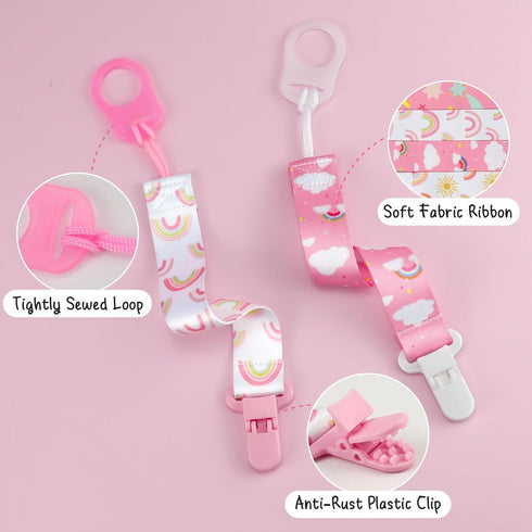 4 Pack Pacifier Clips for Boys Girls, Dummy Clips Baby with Adapters, Silicone Binky Clips for Baby Teething Toys Baby Shower (Pink+White)