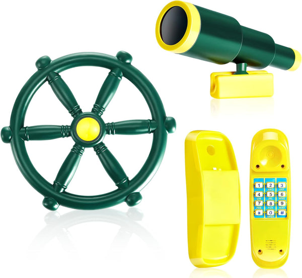 3 Pcs Playground Accessories for Kids - Outdoor Swing Set Equipment, Pirate Ship Wheel, Telescope, Telephone
