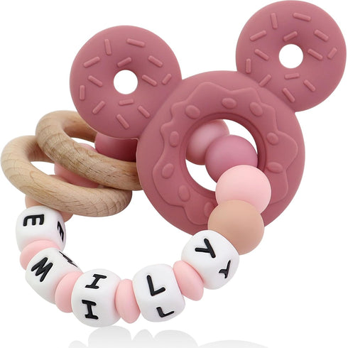 Personalized Baby Teether with Name - Custom Mouse Silicone Teether & Natural