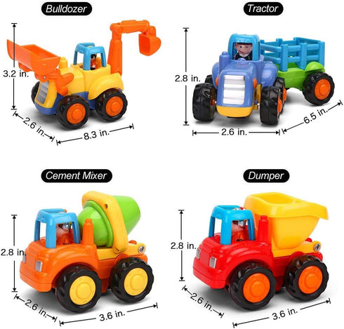 Push and Go Friction Powered Cars Toy Set - Construction Vehicles for 1-3 Year Old Boys - Tractor, Bulldozer, Mixer