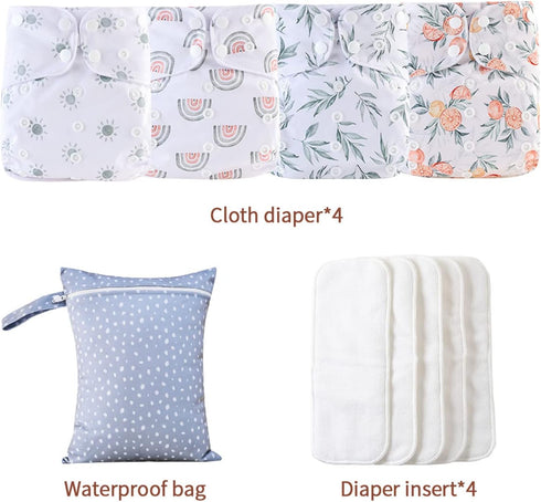 Happy Flute 9 Sets Girls(6-33 pounds,0-3 Bag+4Diapers 4Inserts HappyFlute Newborn Baby Cloth Pocket Diapers One Size