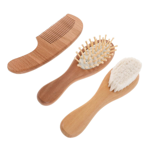Hair Brush and Newborn Comb Set and Infants, Soft Wool Bristles Wooden