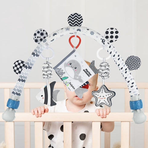 Caterbee Baby Activity Travel Mobile Arch Bassinet Toy, Black and White High-Contrast Crib Toys, with Rattle and Book