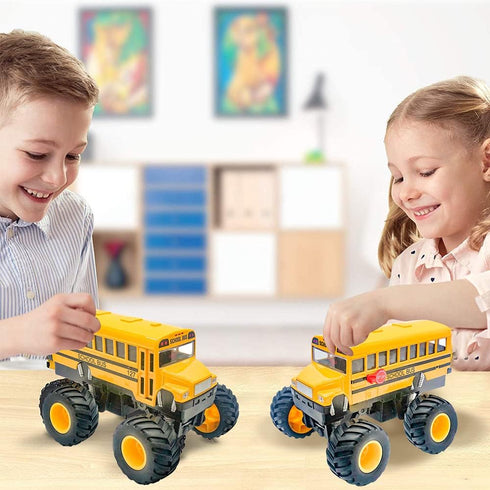 ArtCreativity 5 Inch Pullback School Bus Toy Set - Set of 2 Yellow School Buses with Monster Wheels - Diecast Bus