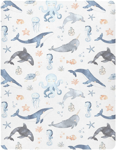 CHUROUSY 28x52 Inch Ocean Animal Crib Sheets for Boys Girl Whale Shark Dolphin Starfish Jellyfish Mattress Cover