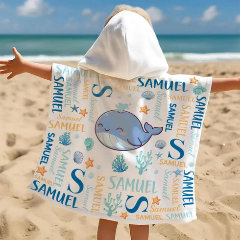 Summer Cute and Beachy Custom Name Personalized Kids Hooded Towel, Toddler Beach Cover Up, Pool Party Gift, Baby