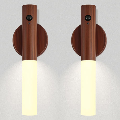 LANDGOO 2-Pack Magnetic Night Light with Motion Sensor, Walnut Wood Cylindrical Rechargeable