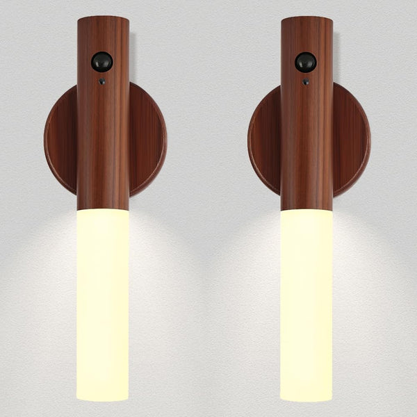 LANDGOO 2-Pack Magnetic Night Light with Motion Sensor, Walnut Wood Cylindrical Rechargeable