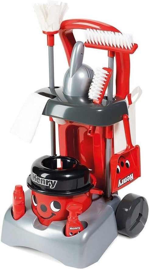 Casdon Henry & Hetty Toys - Deluxe Cleaning Trolley Playset with Working Hand Vacuum for Kids Aged 3+