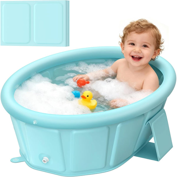 chumoasis Baby Bathtub with Inflatable Top Edge, Extra Stable Infant Bath Tub, Collapsible