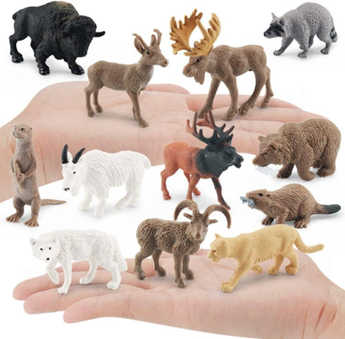 Mini Arctic Animals Toys Set, 12PCS Polar Animal Figurines Playset Including Moose, Elk, Beaver for Toddlers Birthday