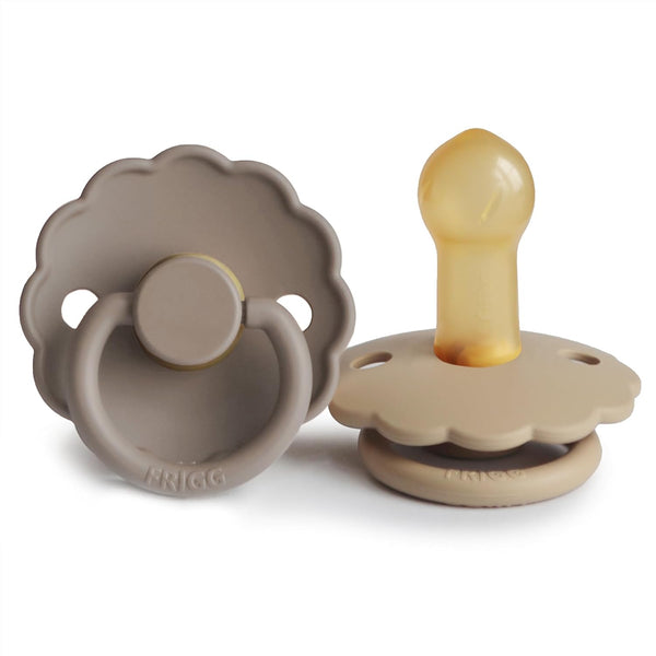 FRIGG Daisy Natural Rubber Baby Pacifier, Made in Denmark, BPA-Free (Croissant/Portobello, 6-18 Months) 2-Pack