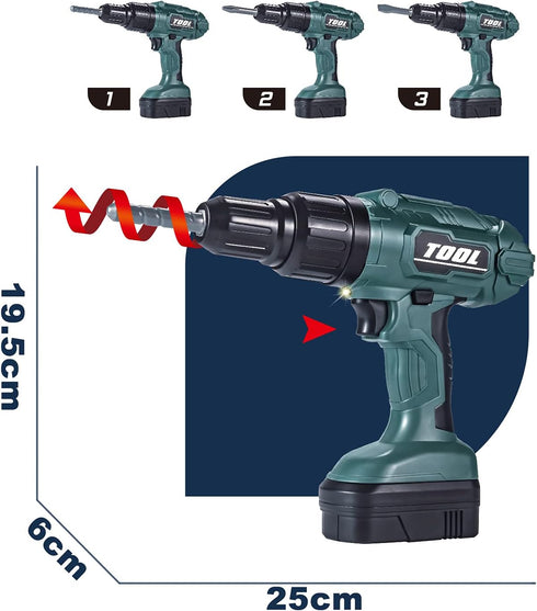 Electronic Power Drill Toy Tools - Kids Tool Set for Pretend Play with Realistic Light, Sound & Action