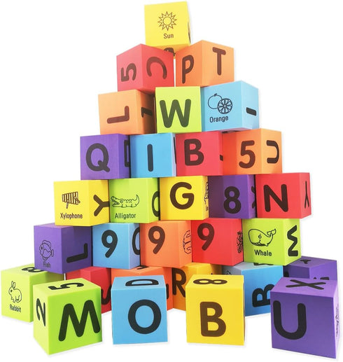 Toddlers,30 2-inch 123 MOBU Foam Building Blocks for pcs Alphabet Letters Number Blocks with Storage Bag, Learning ABC