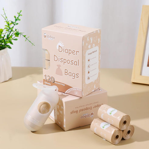 (8 Rolls/120 Diaper Bags Disposable for Baby, Biodegradeable Dirty Diaper Bags Refill Bags) with Dispenser | Leak Proof