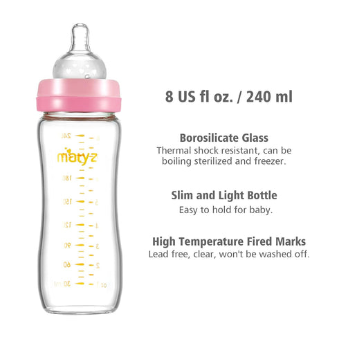 2 Pack, 8 oz Matyz Glass Breastmilk Baby Feeding Bottle with Nipple, Slim and Light Bottle Easy to Hold, Food Grade