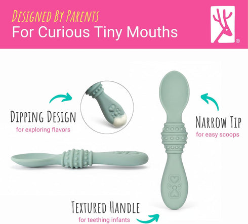 Elk and Friends Silicone Baby Spoons | Travel Case Included | First Stage Infant Toddler Spoon | Baby Led Weaning Stage