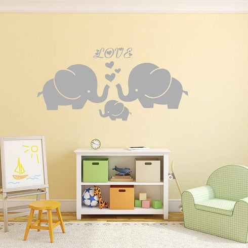 Large Cute Elephant Family with Hearts Wall Decals for Baby Nursery Decor, Kids Room Wall Stickers, 40''W x 19''H, Grey