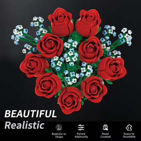 SMIDOLE Set 648pcs Red Rose Bouquet Building - DIY Mini Block Kits for Adults & Kids, Artificial Flowers for Home