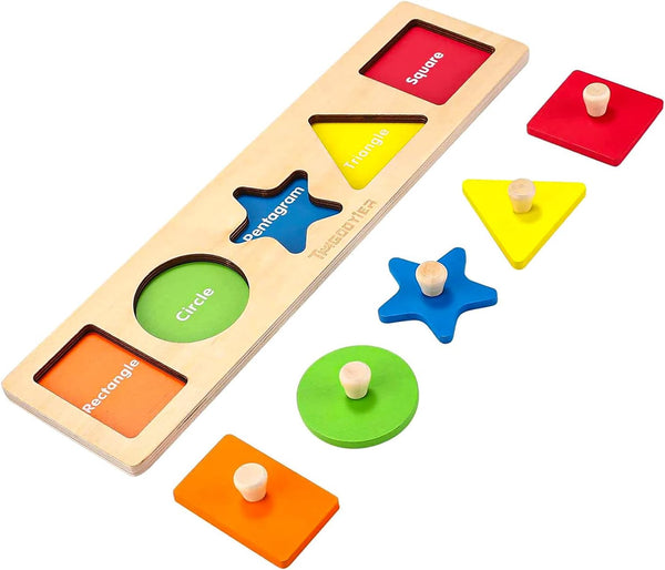 First Jumbo Knob Wooden Shape Puzzles for Toddlers 1-3, Montessori Peg Shapes Puzzle Sorter Board