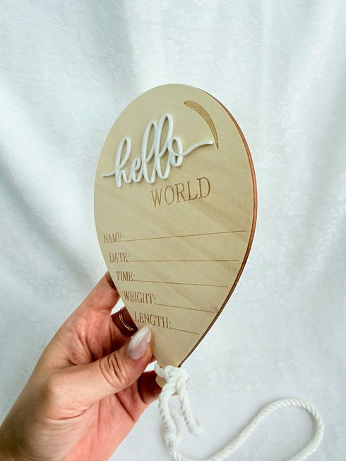 Kemmintvn Wooden Newborn Announcement Ornament, Hello World Balloon Sign with Hanging Rope, Birth Details Wood