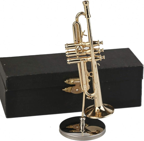 Dselvgvu Copper Miniature Trumpet with Stand and Case, Mini Musical Instrument for Dollhouse Model (4.65"x1.18")