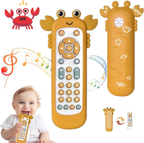 Baby TV Remote Control Toy - Cute Crab Soft Silicone Cover Teething Toy, Realistic Musical Remote Control for Toddlers