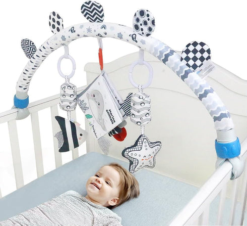 Caterbee Baby Activity Travel Mobile Arch Bassinet Toy, Black and White High-Contrast Crib Toys, with Rattle and Book