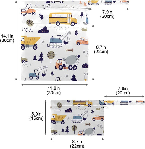 GOODOLD 2 Cute Truck Excavator Wet Dry Bag for Baby Cloth Diaper Waterproof Reusable Travel Wet Bag with Two Zippered