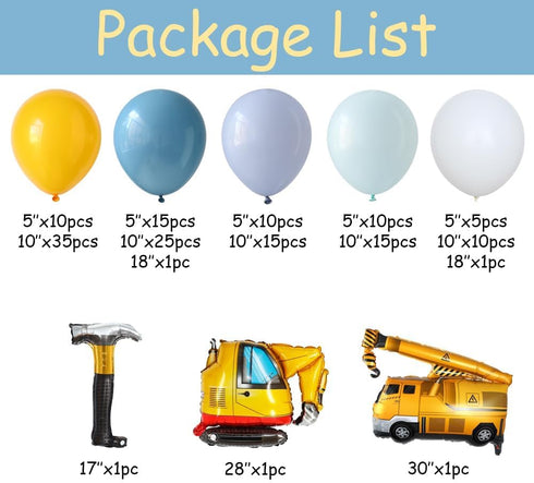 155Pcs Hammer Construction Balloons Garland Arch Kit Yellow and Blue Balloons with Crane Excavator Foil Balloon