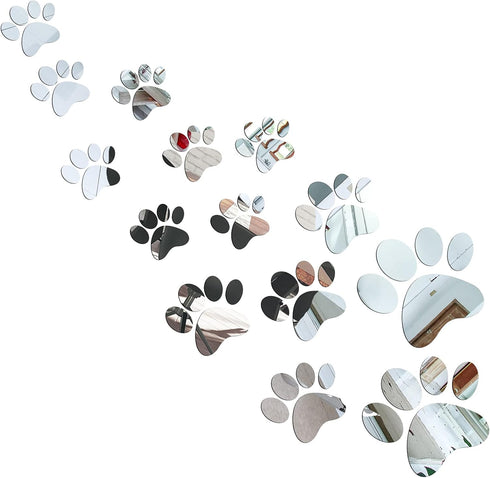 Tenare 14 Pcs Dog Paw Print Mirror Stickers - Removable Acrylic Wall Decors for Bathroom, Living Room, Bedroom Art