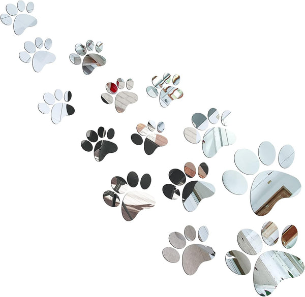 Tenare 14 Pcs Dog Paw Print Mirror Stickers - Removable Acrylic Wall Decors for Bathroom, Living Room, Bedroom Art