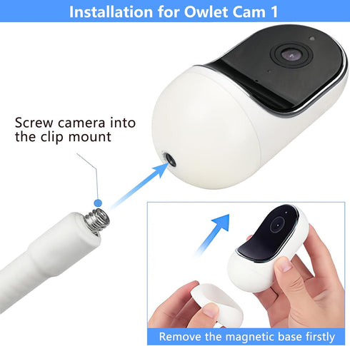 Flexible Clip Mount for Baby Monitor Camera Compatible with Owlet, Motorola, 1/4 Threaded Hole - White, No Tools Needed