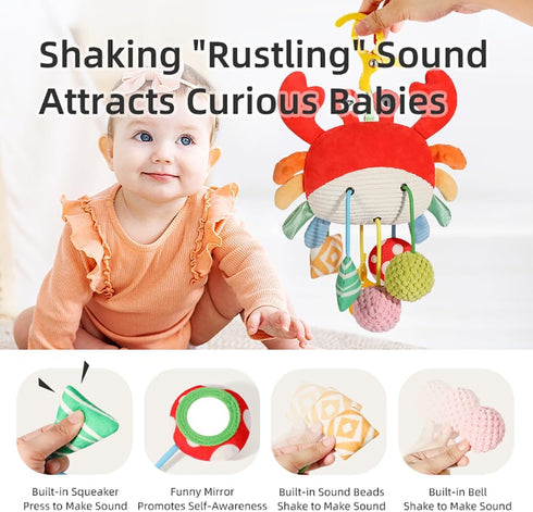 Vamotto 0-12 Crab Car Seat & Stroller Toy for Babies Months, Sensory Hanging Toy with Rattle, Mirror, Squeaker