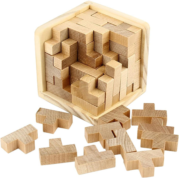 AHYUAN Wooden Brain Teaser Puzzle Cube - T-shaped Jigsaw Logic Puzzle Educational Toy for Kids and Adults (Natural)