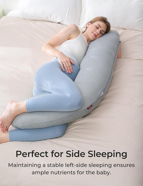 Momcozy J-Shaped Pregnancy Pillow for Sleeping with Cooling Cover Maternity Body Pillow for Pregnant Women, Side