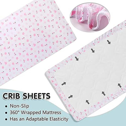 Set 4 Set Elephant Crib Bedding for Girls, Pieces Nursery Including Quilt/Fitted Sheet/Crib Skirt/Diaper Bag