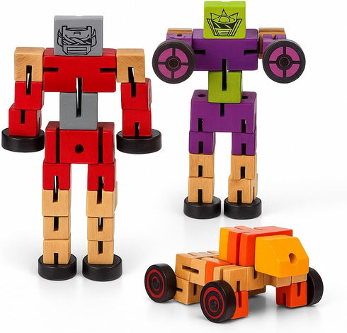 ArtCreativity 3 Pack Wooden Toy Robots, Colorful 5.75 Inch Transforming Action Figures for Kids' STEM Play