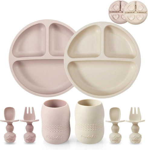 PandaEar Silicone Baby Feeding Set: 2 Pack Divided Suction Plate with Tiny Cups and Spoons, BPA Free